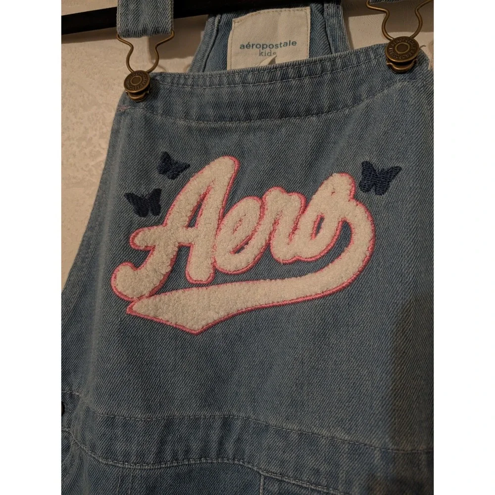 Aeropostale Kids Denim Overall Dress Light Wash Chenille Aero Patch Blue Size M